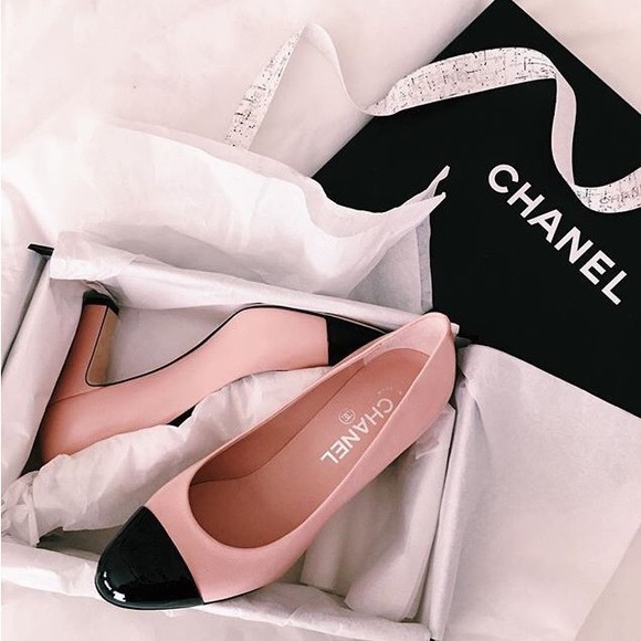 CHANEL Shoes - CHANEL Pumps. CHANEL Plum Leather + Black Patent Cap Toe + Embossed High Heels.